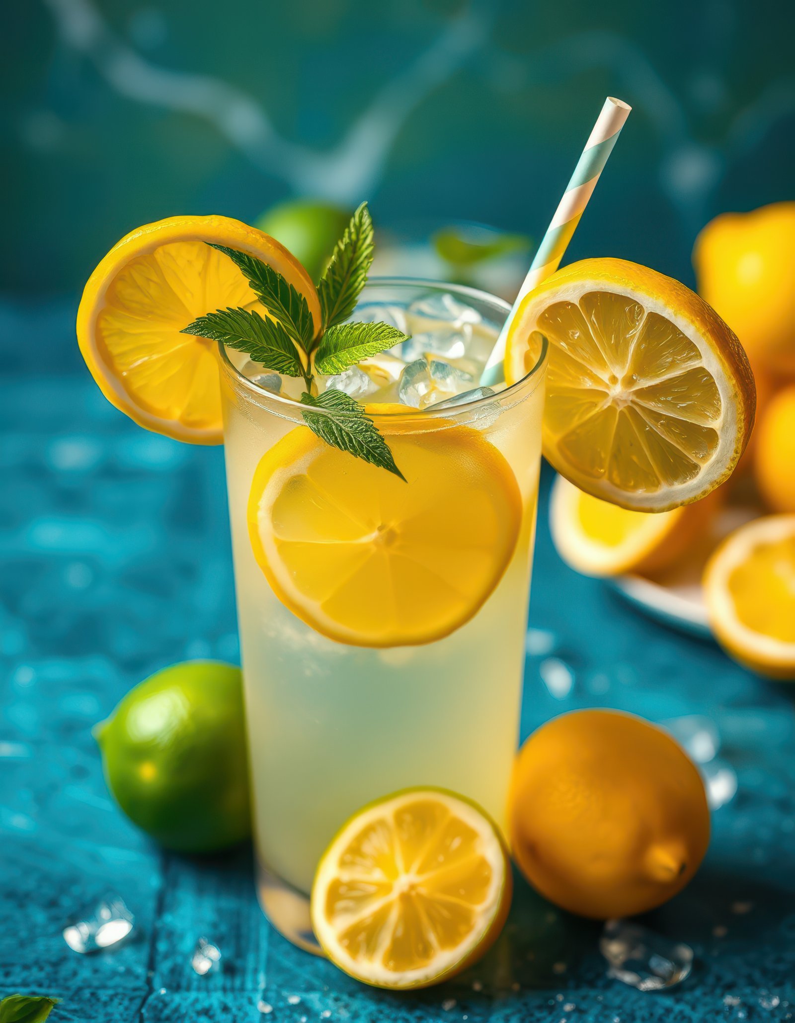 Refreshing lemonade drink with fresh citrus fruits on a vibrant blue table